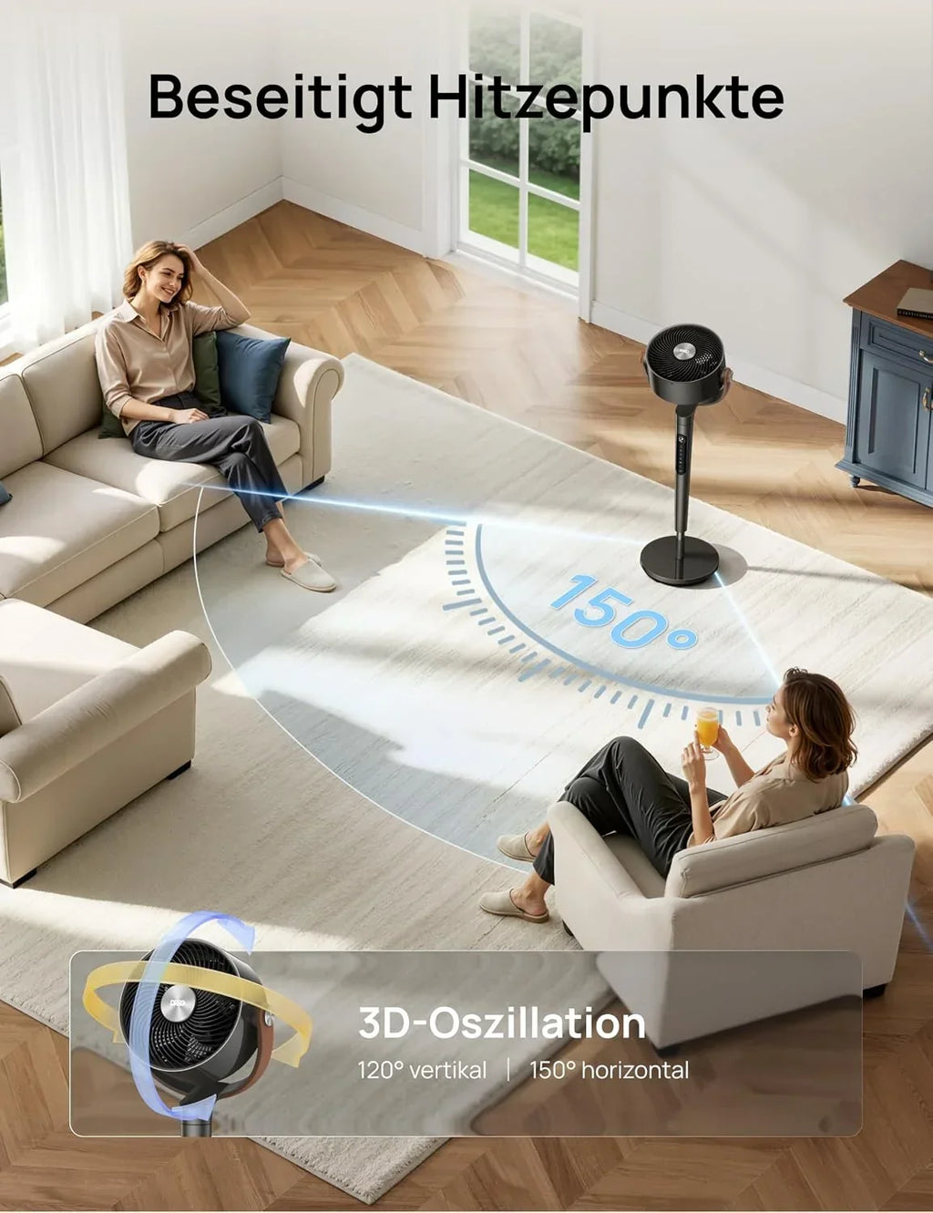 Ventilador de pie inteligente DR-HAF003S con Wi-Fi, luz LED RGB, oscilación de 150°, 12 velocidades y flujo de aire de 2209 m³/h