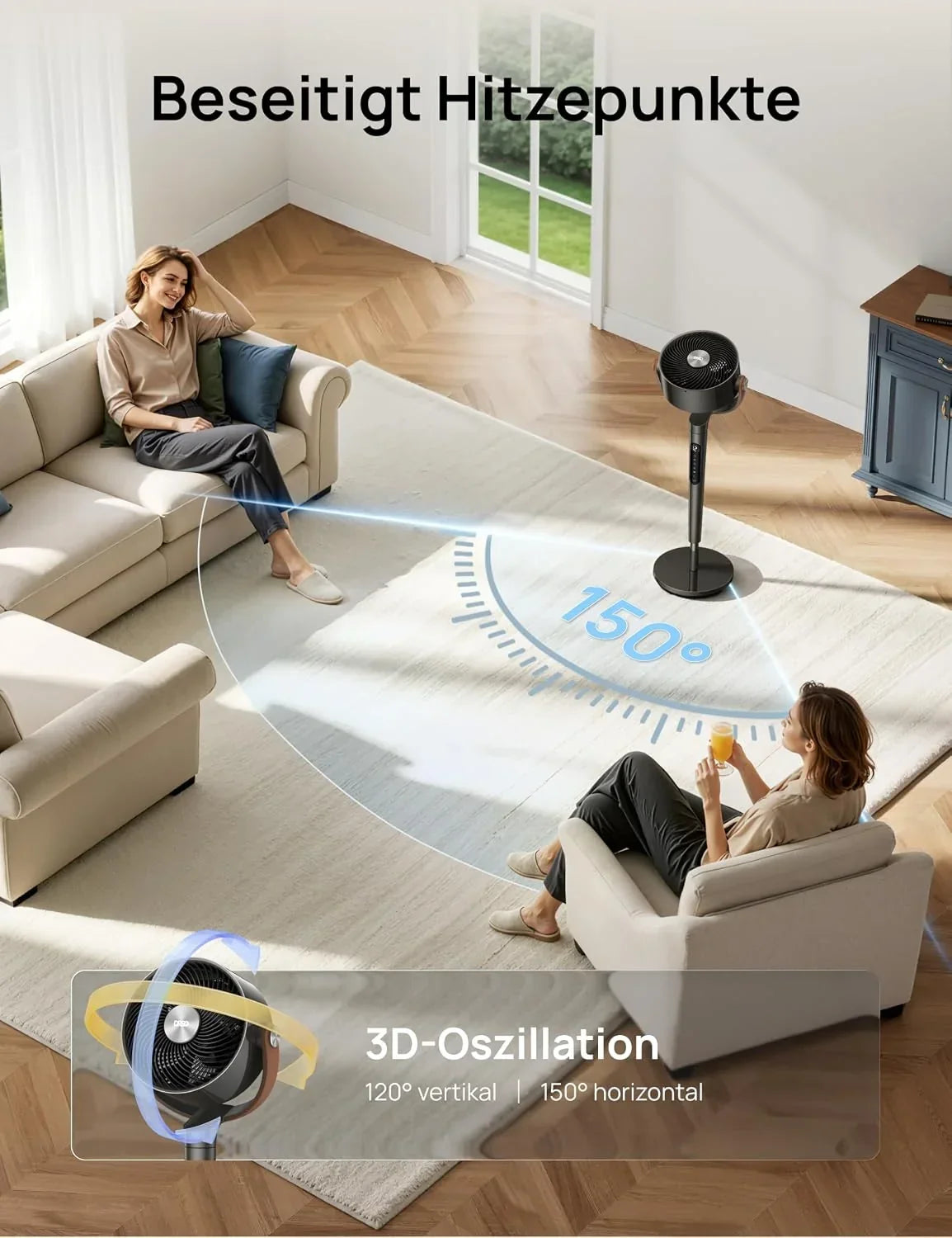 Ventilador de pie inteligente DR-HAF003S con Wi-Fi, luz LED RGB, oscilación de 150°, 12 velocidades y flujo de aire de 2209 m³/h