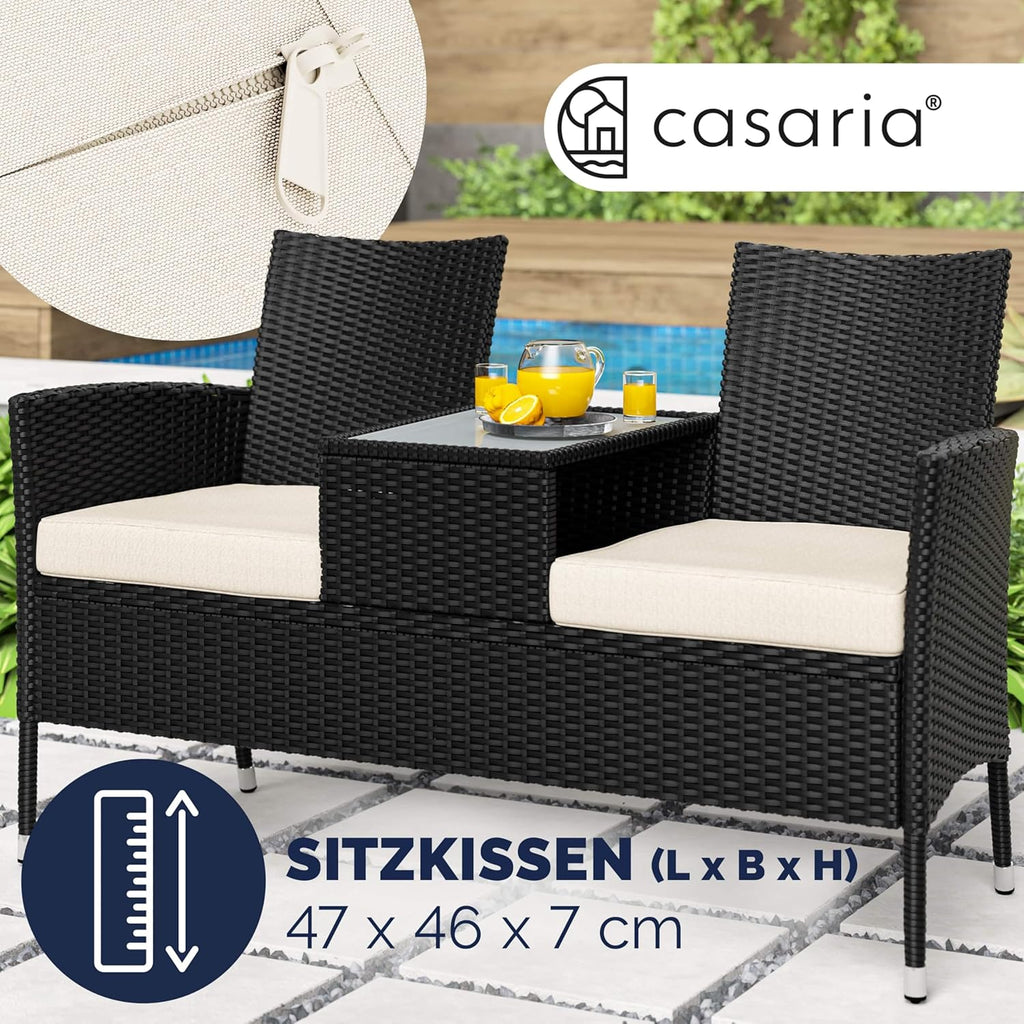 Banco de jardín Casaria® con cojines, resistente a la intemperie, polirratán, capacidad de carga de 320 kg, mesa auxiliar, resistente a los rayos UV, banco para jardín o balcón, 2 plazas, 143x55 cm, negro