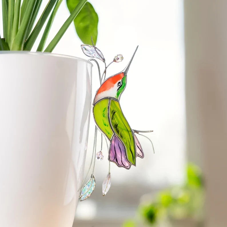Estaca decorativa de colibrí de vidrio hecho a mano con cristales, 4 x 6.5 pulgadas, decoración de jardín