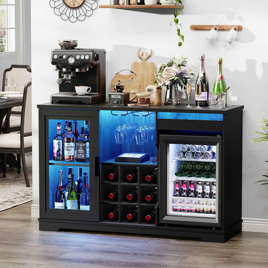 Mueble bar con refrigerador WR003B 120 x 40 x 78 cm iluminación LED 9 botelleros sensor de movimiento