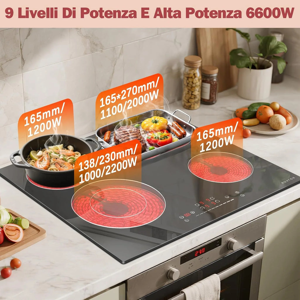NOXTON Płyta grzewcza ze szkła ceramicznego, 4 płyty do zabudowy, płyta ceramiczna 60 cm, 6600 W