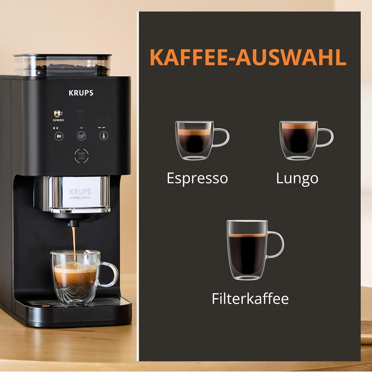 Cafetera automática Krups Coffee Crush  Extra, molinillo de acero inoxidable para café recién molido, solo 15 cm de ancho, panel de control inteligente, también para café premolido, limpieza fácil, negro, SA4028E0