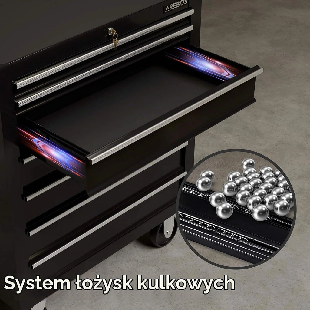 Arebos Wózek warsztatowy z 7 półkami | centralnie zamykany | powłoka antypoślizgowa | koła z hamulcem postojowym |masywny metal | czarny