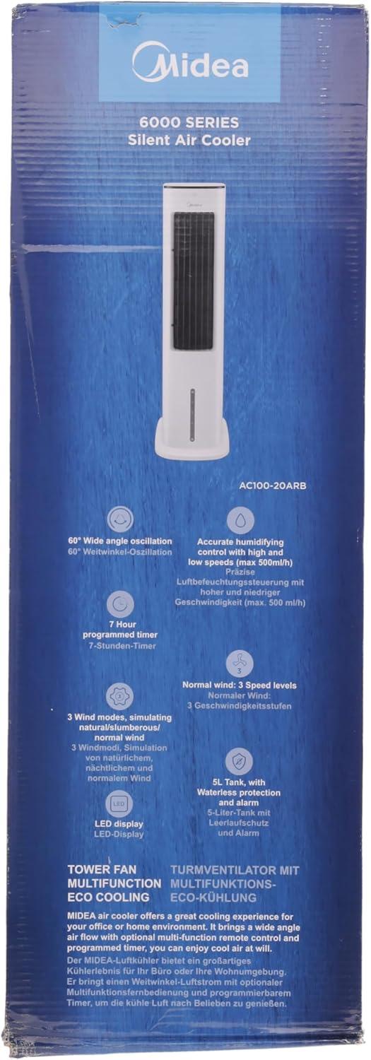 Enfriador de aire Midea con refrigeración por agua, aire acondicionado portátil, ventilador con depósito de 5 L, humidificador e ionizador, aire acondicionado sin tubo de escape, 355 m³/h, ventilador con mando a distancia, 55 W, blanco