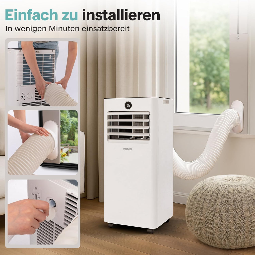 SereneLife Mobile Klimaanlage 9000BTU mit Abluftschlauch, 4-in-1 Klimagerät mit WLAN, Kühlen, Heizen Ventilator und Entfeuchter, bis 31 m², 24h Timer, 55dB, Inkl. Fensterkit, für Zuhause, Büro