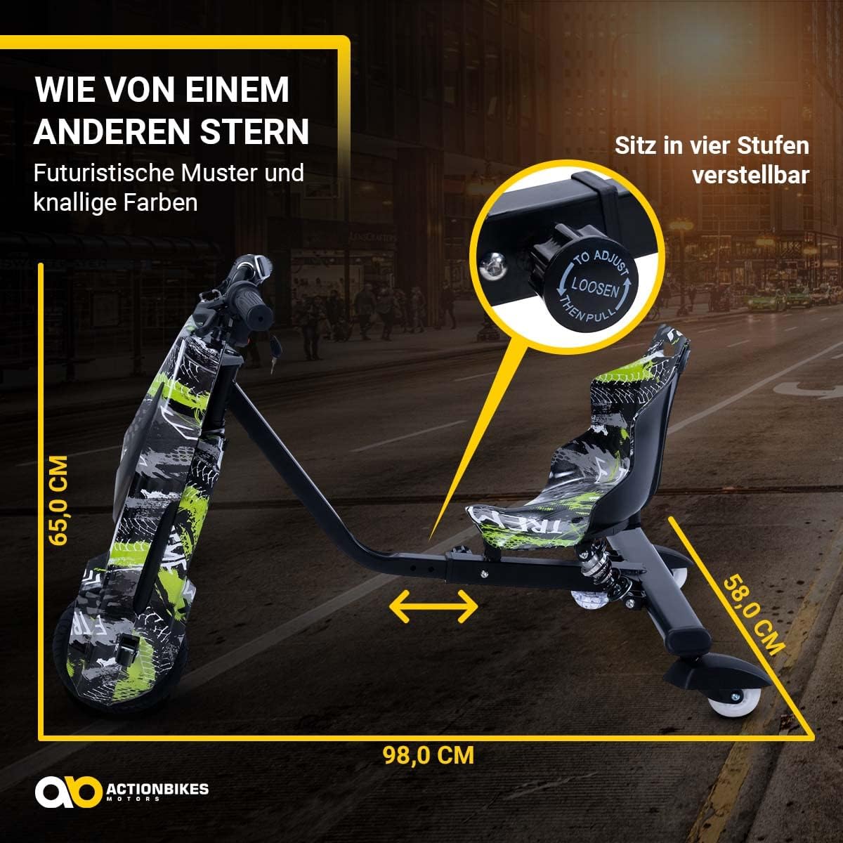 Actionbikes Motors Patinete Eléctrico Infantil para Derrapes | Motor de 𝟐𝟓𝟎 W - Carrito de Derrape 360° - 3 Niveles de Velocidad - Iluminación LED - Asiento Ajustable - Bluetooth - Kart de Derrape - Coche de Derrape (Space Purple)