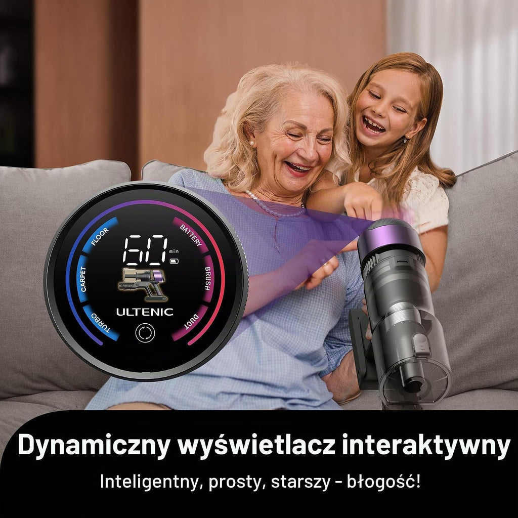 Ultenic Odkurzacz Akumulatorowy 55000Pa/55Min, Funkcja Samostojąca, Szczotka Zapobiegająca Plątaniu Się Podłóg, Odkurzacz Akumulatorowy z Wyświetlaczem LED, Green Eye™, Do Twardych Podłóg, Dywanów