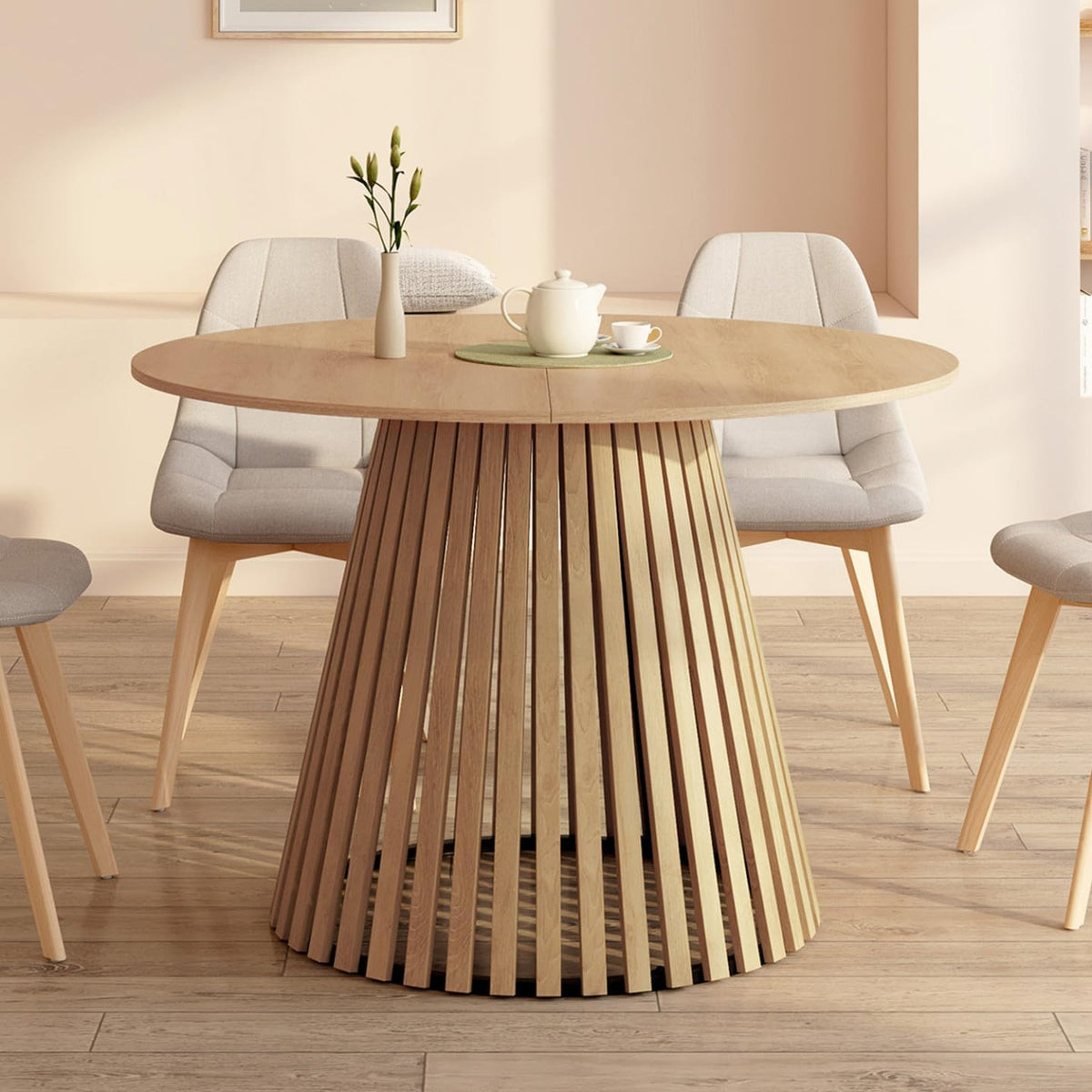 IDMarket - Mesa de comedor redonda extensible Carmen para 4-8 personas, base de listones de madera y tablero de madera 110-150 cm