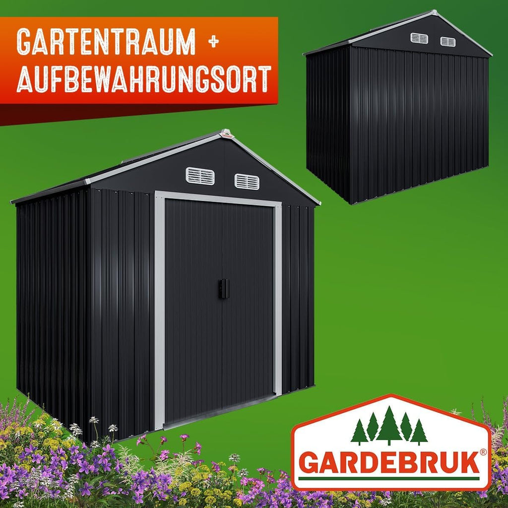 Caseta de jardín de metal GARDEBRUK® XL 2 m² con base 196x132x188 cm, puerta corredera, antracita, cobertizo de herramientas, caseta de jardín, armario 4 m³