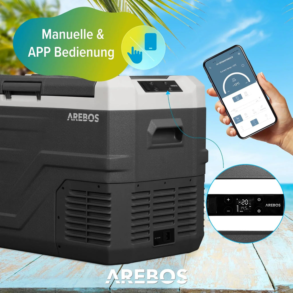 Nevera de compresor Arebos 35 litros con control inteligente por app, USB, hasta -20°C, 12V 24V 230V, para coche, camión, camping, barco y autocaravana