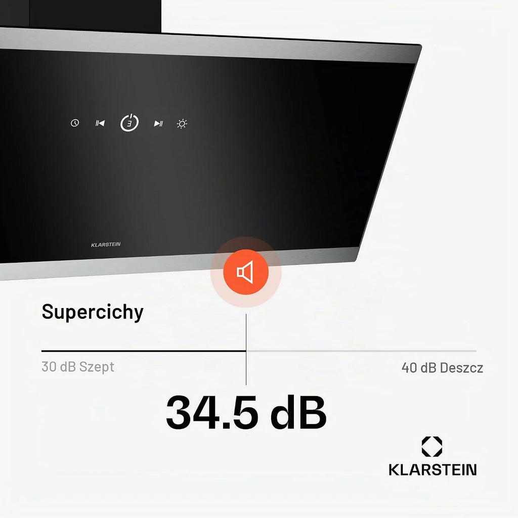 Klarstein FlashLine Okap kuchenny – Okap skośny 90 cm, Ekran dotykowy, 578 m³/h, Klasa energetyczna A++, Oświetlenie LED, 34,5 dB, Czarny, Tryb wyciągu i recyrkulacji