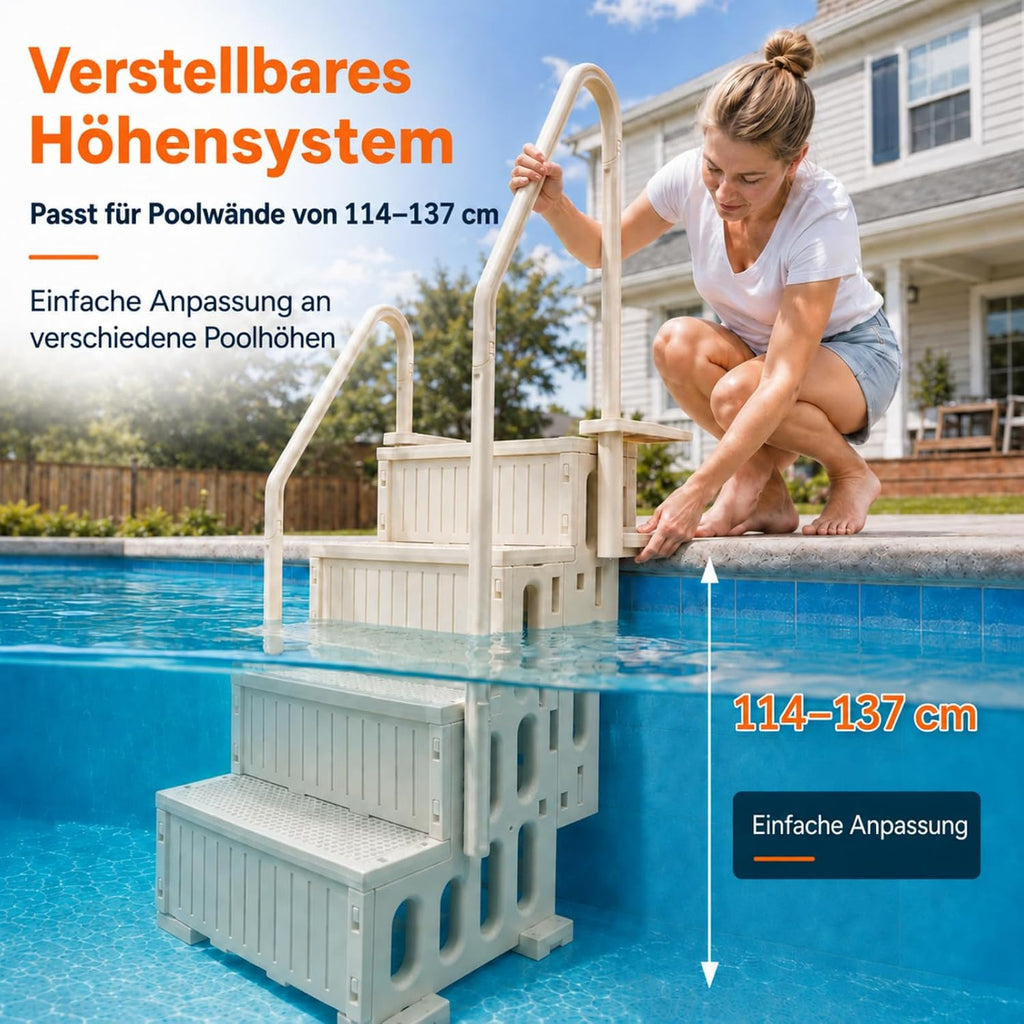 Escalera de piscina de 4 peldaños, escalera de piscina de HDPE blanca con pasamanos doble y antideslizante, capacidad de carga máxima de 180 kg para piscinas desmontables de 122–137 cm, piscina de jardín, piscinas enterradas, familias y personas mayores