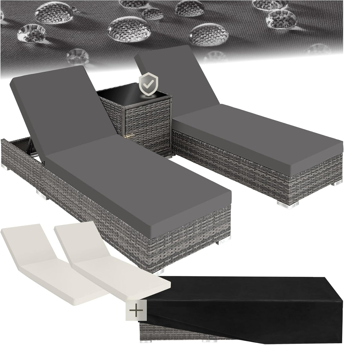 Set de 2 tumbonas con mesa 403088 de aluminio y ratán sintético, ajustables en 5 posiciones, incl. funda protectora, gris
