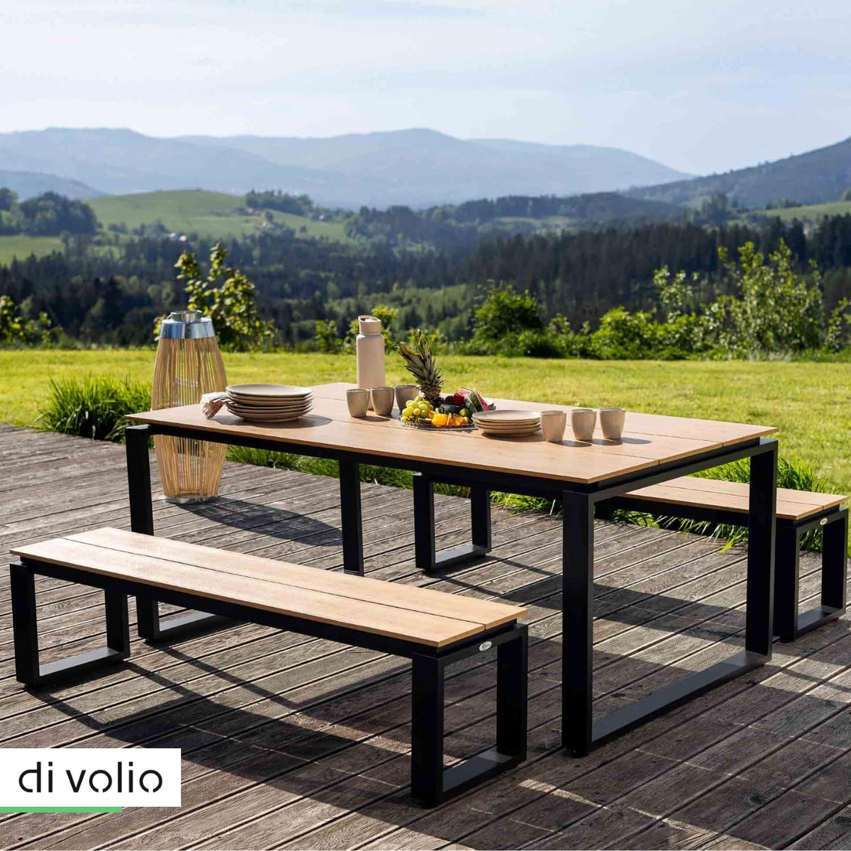 Muebles de jardín di volio Trento, conjunto de muebles de jardín: mesa de comedor espaciosa y 2 bancos de jardín, fabricados con materiales resistentes a la intemperie, para jardín y terraza