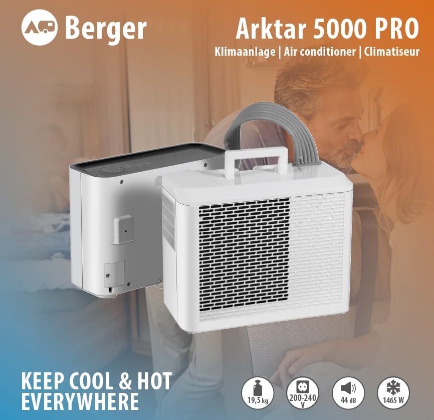Aire acondicionado portátil BERGER Arktar 5000 Pro con calefacción | Aire acondicionado móvil para camping, caravanas y autocaravanas | Unidad de aire acondicionado para refrigeración y deshumidificación | Control por aplicación y función de temporizador