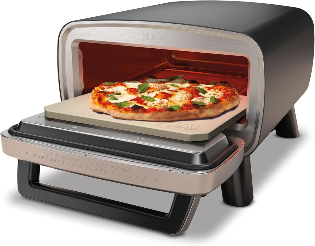Ninja Woodfire Horno para pizza y freidora de aire eléctrica para exteriores, con 4 funciones: Pizza, Freír sin aceite, Hornear, Fermentar, Incluye piedra, pala, bandeja, cesta para freír, Gris MO201EU