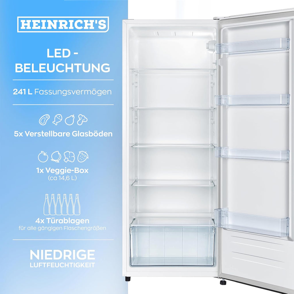 Frigorífico independiente Heinrich's de 242 l, nevera sin congelador, XXL, frigorífico de una puerta, iluminación LED, frigorífico de libre instalación con 5 estantes de cristal, bisagra de puerta reversible, silencioso 40 dB, (blanco)