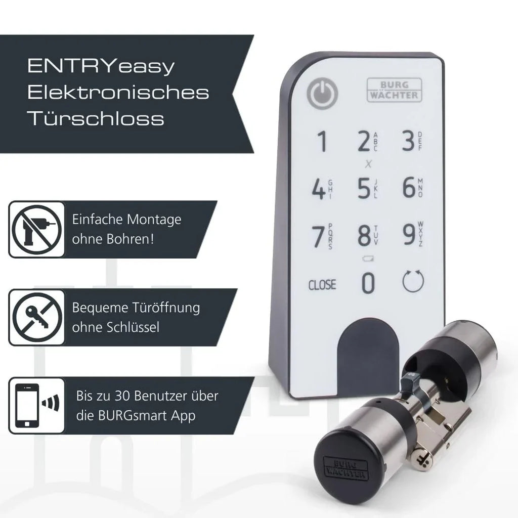 BURG-WÄCHTER Cerradura electrónica para puerta ENTRYeasy 7601 PIN, cilindro, teclado, aplicación, código PIN, llave inalámbrica, negro, acero inoxidable