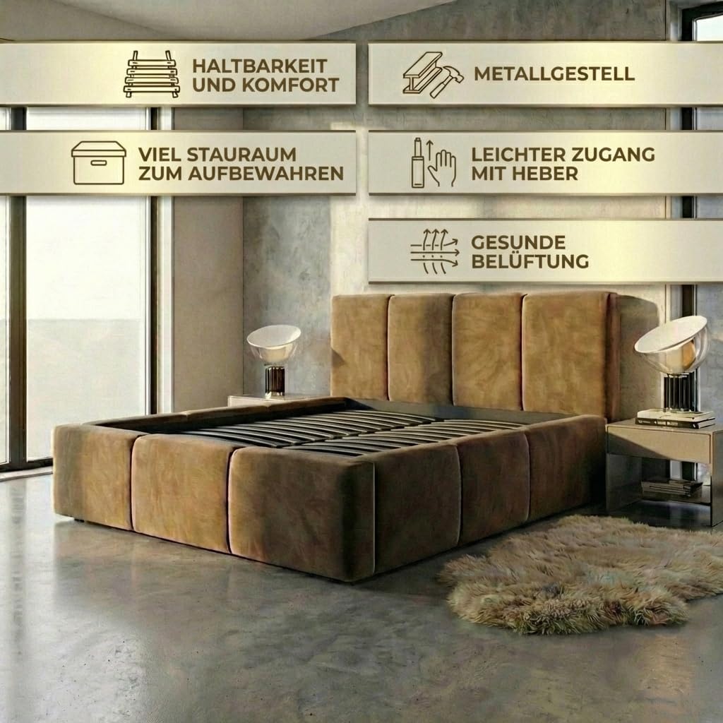 Cama tapizada A&J MöbelLand 180x200 con arcón y somier – DONA, cama con colchón y espacio de almacenamiento en gris oscuro