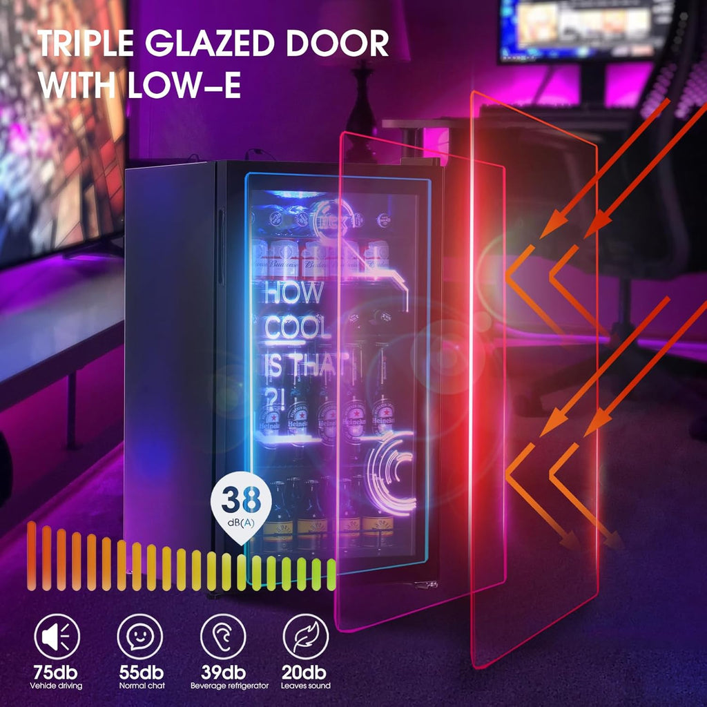 HCK Refrigerador para bebidas, mini nevera con iluminación moderna cyberpunk, 98 L, mini refrigerador silencioso de 0-10 °C, minibar para interiores, para sala de juegos, fiestas, negro.