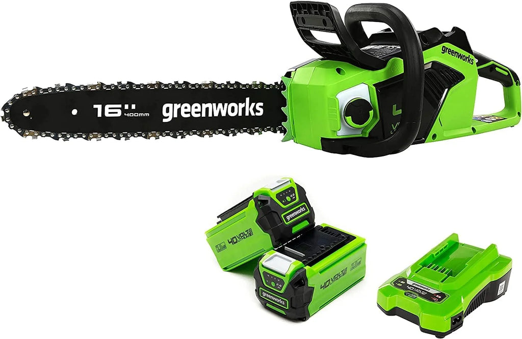Greenworks GD40CS18K2X Akumulatorowa pilarka łańcuchowa z silnikiem bezszczotkowym, długość ostrza 40 cm, szybkość 20 m na s, 3,8 kg, olejarka, ochrona przed odrzutem, 2 baterie 40 V 2 Ah i ładowarka