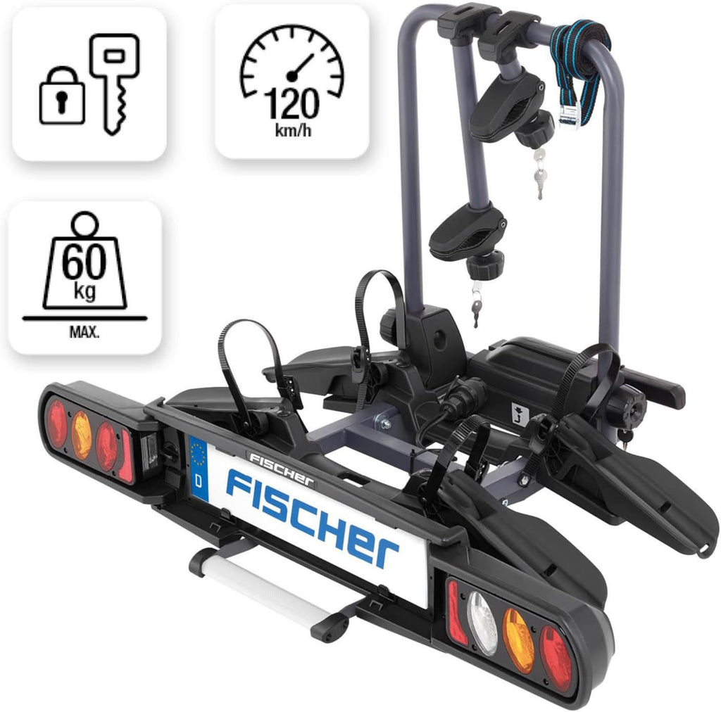 Portabicicletas de enganche Fischer ProlineEvo 2, para 2 bicicletas hasta 60 kg de carga útil, apto para bicicletas eléctricas, premontado, bloqueable, plegable
