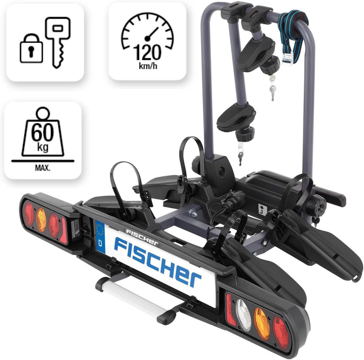 Portabicicletas de enganche Fischer ProlineEvo 2, para 2 bicicletas hasta 60 kg de carga útil, apto para bicicletas eléctricas, premontado, bloqueable, plegable