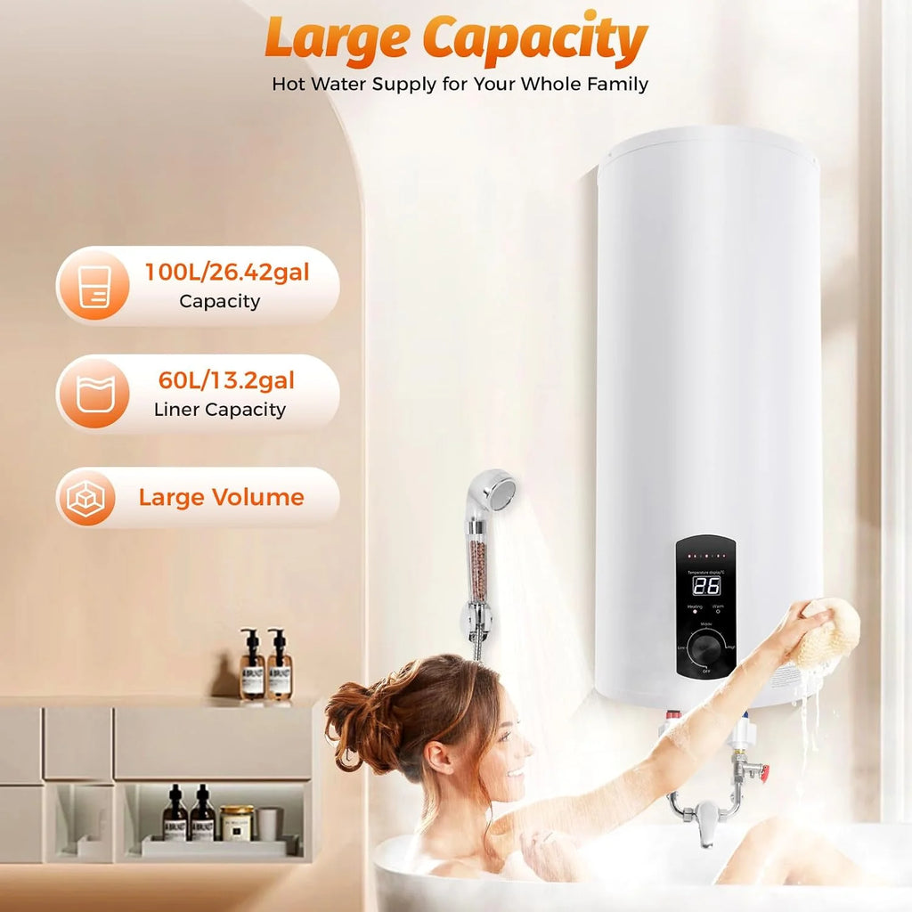 Elektryczny zbiornik ciepłej wody, 2000 W, 60 l, wiszący na ścianie, akumulator elektryczny, 25-75°C, z zabezpieczeniem przed wyciekiem, wtyczka G1/2, do kuchni, toalet