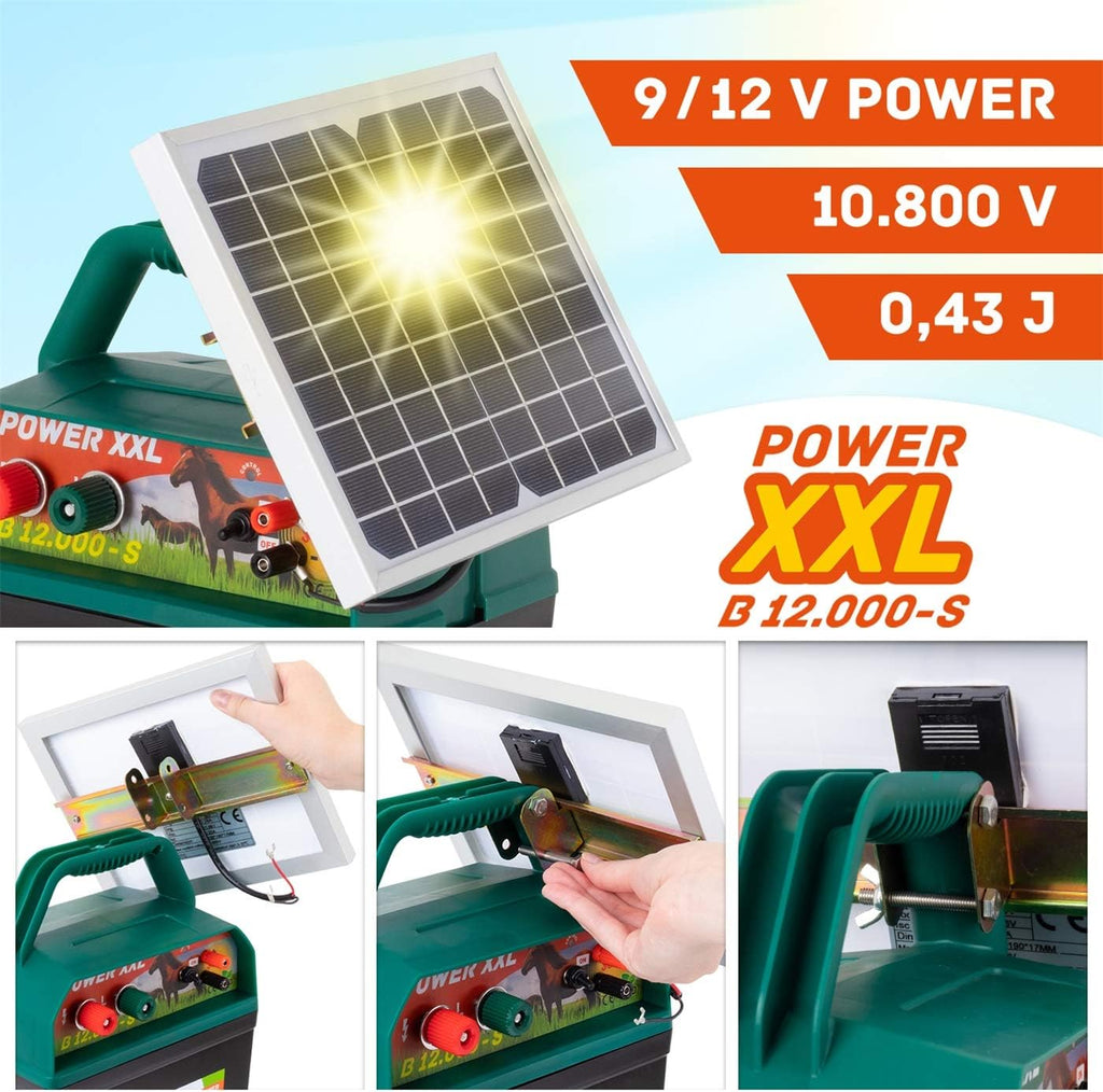 VOSS Power XXL B 12.000-S, 10.800V Potente pastor eléctrico solar 9V 12V, incl. batería de 55Ah y señal de advertencia, módulo solar de alta eficacia, para caballos, ponis, perros, gatos, garzas, ganado, cerdos
