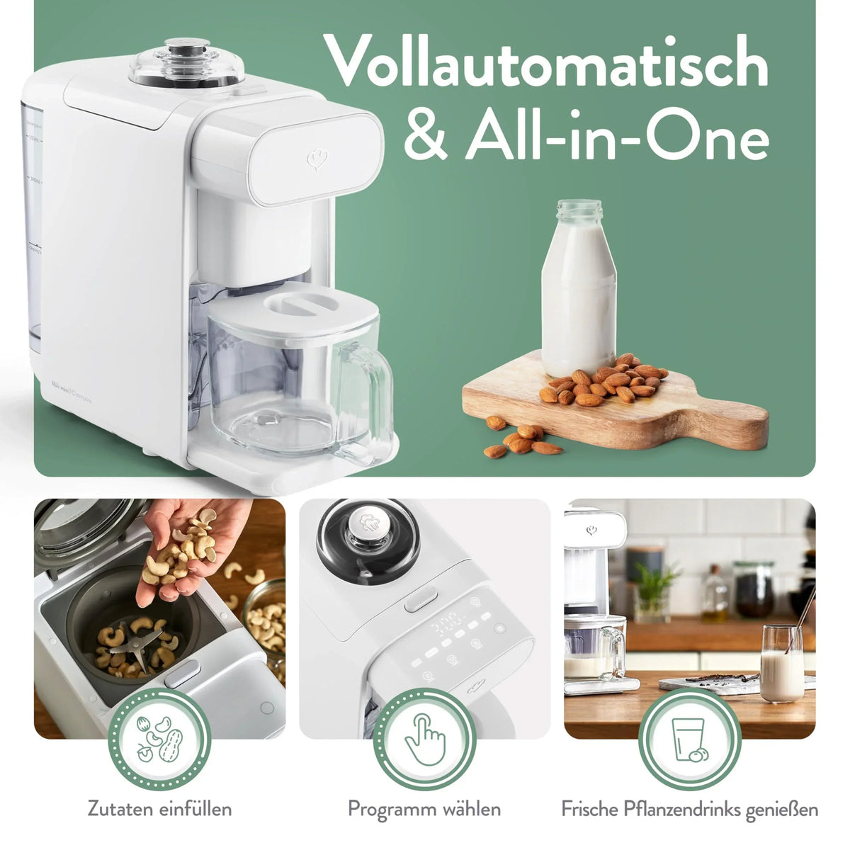 Springlane Kitchen Máquina de leche vegetal Mila 600ml, 6 programas, autolimpieza, pantalla LED, leche de frutos secos, leche de soja, bebidas de avena