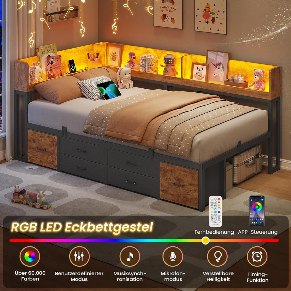 Cama de 90x200 con almacenamiento, sofá cama con estantería integrada y 6 cajones, cama juvenil con iluminación LED y estación de carga, cama de invitados, diván, estructura de cama con somier (Marrón vintage, 90x200 cm)