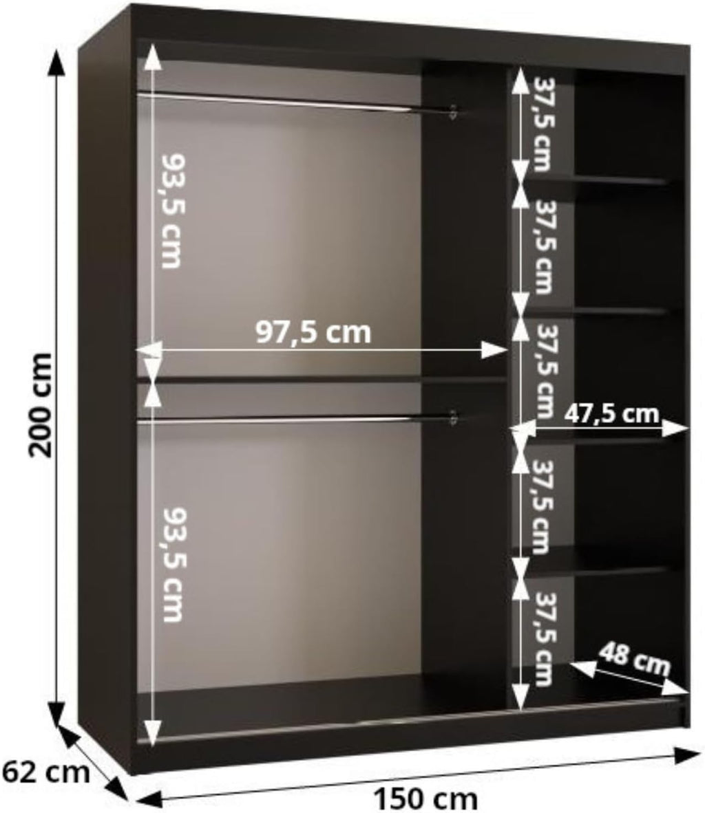 Kryspol - Armario de puertas correderas - Armario con espejo - Armario de 150 cm de ancho x 200 cm (alto) x 62 cm (fondo), 2 puertas, tablero de muebles laminado, armario de puertas correderas Rubino V4 150, color cachemira