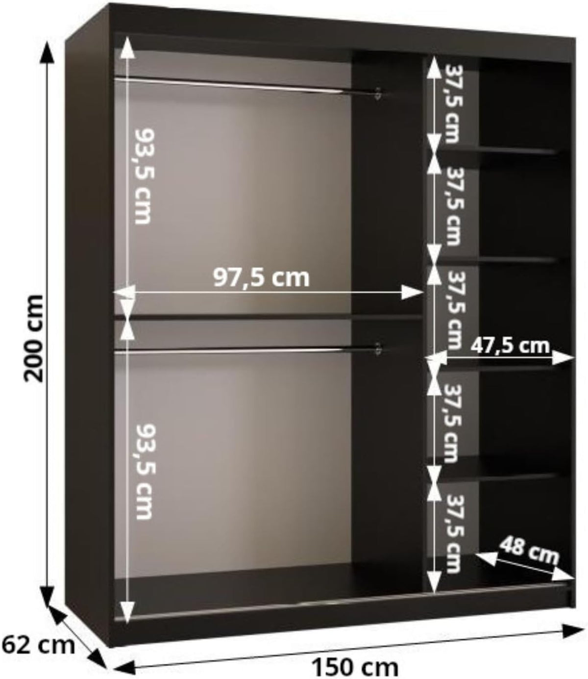 Kryspol - Armario de puertas correderas - Armario con espejo - Armario de 150 cm de ancho x 200 cm (alto) x 62 cm (fondo), 2 puertas, tablero de muebles laminado, armario de puertas correderas Rubino V4 150, color cachemira