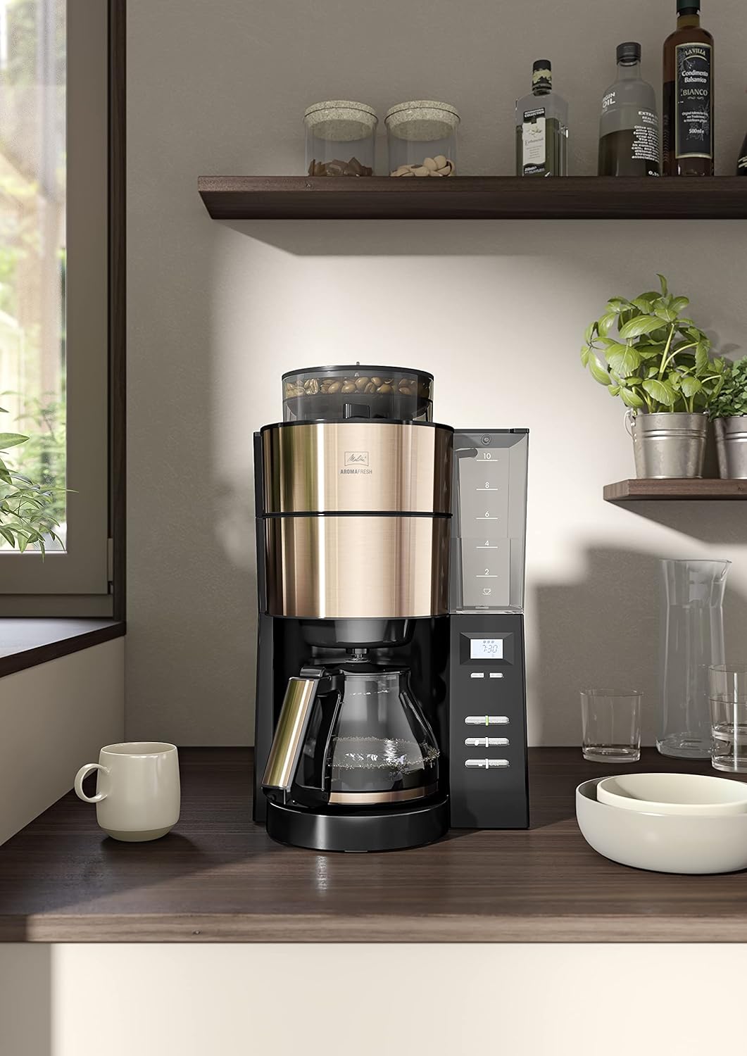 Melitta AromaFresh - Cafetera de filtro - con jarra de cristal - molinillo integrado - función de temporizador - 10 tazas - Negro puro