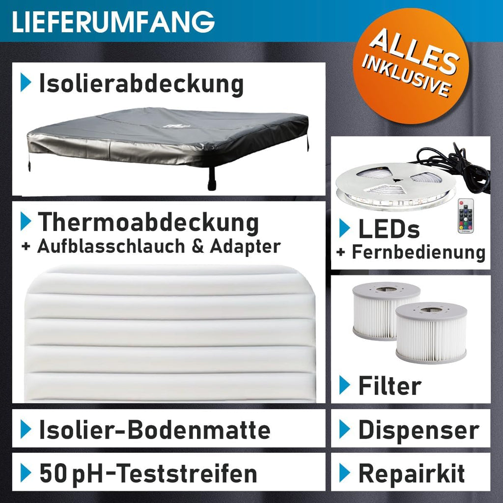 Jacuzzi MSpa Oslo de BRAST con pared exterior rígida | Iluminación LED con 20 colores ajustables para 6 personas | 160x160x65 cm | 120 chorros de masaje | Uso durante todo el año, resistente al invierno | Piscina para interiores y exteriores