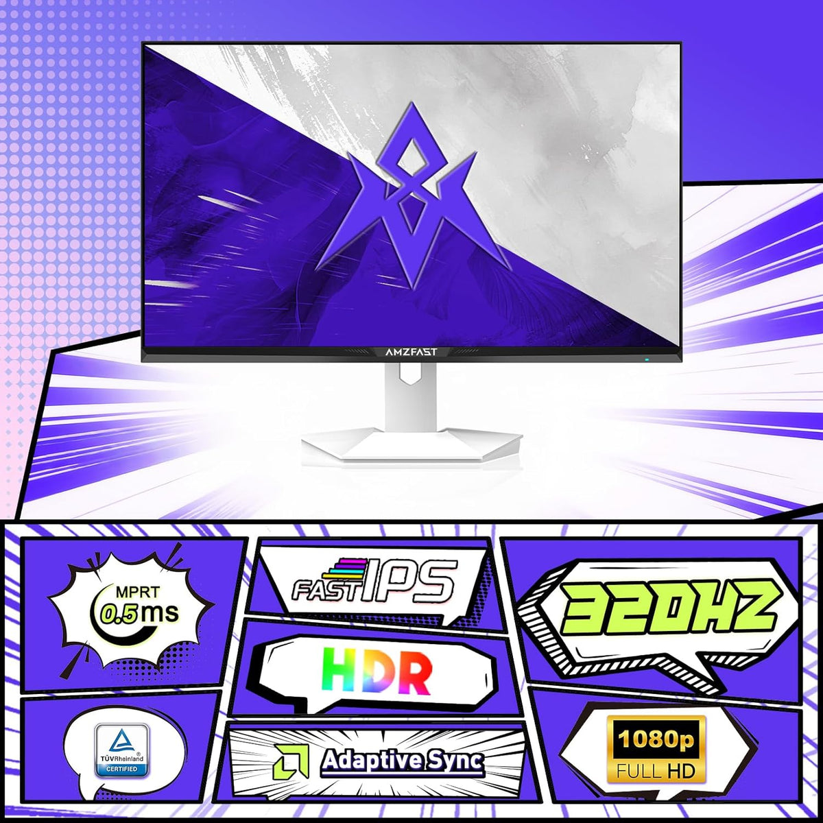 Amzfast Monitor Gamer de 24.5 pulgadas - 320Hz/240Hz, FHD 1920x1080, Pantalla Fast IPS, 1ms MPRT, 120% sRGB, Luz azul reducida, HDR, Adaptive Sync, VESA 100x100, HDMI 2.0x2/DP 1.4x2, Blanco - AMZG25F6F