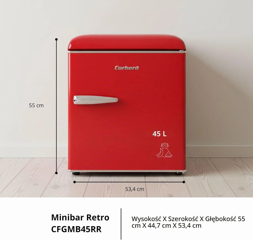 Corberó - lodówka retro statyczna | CF1PG45RR | 45L | 55 cm | oświetlenie wewnętrzne | nogi poziomujące | czerwony