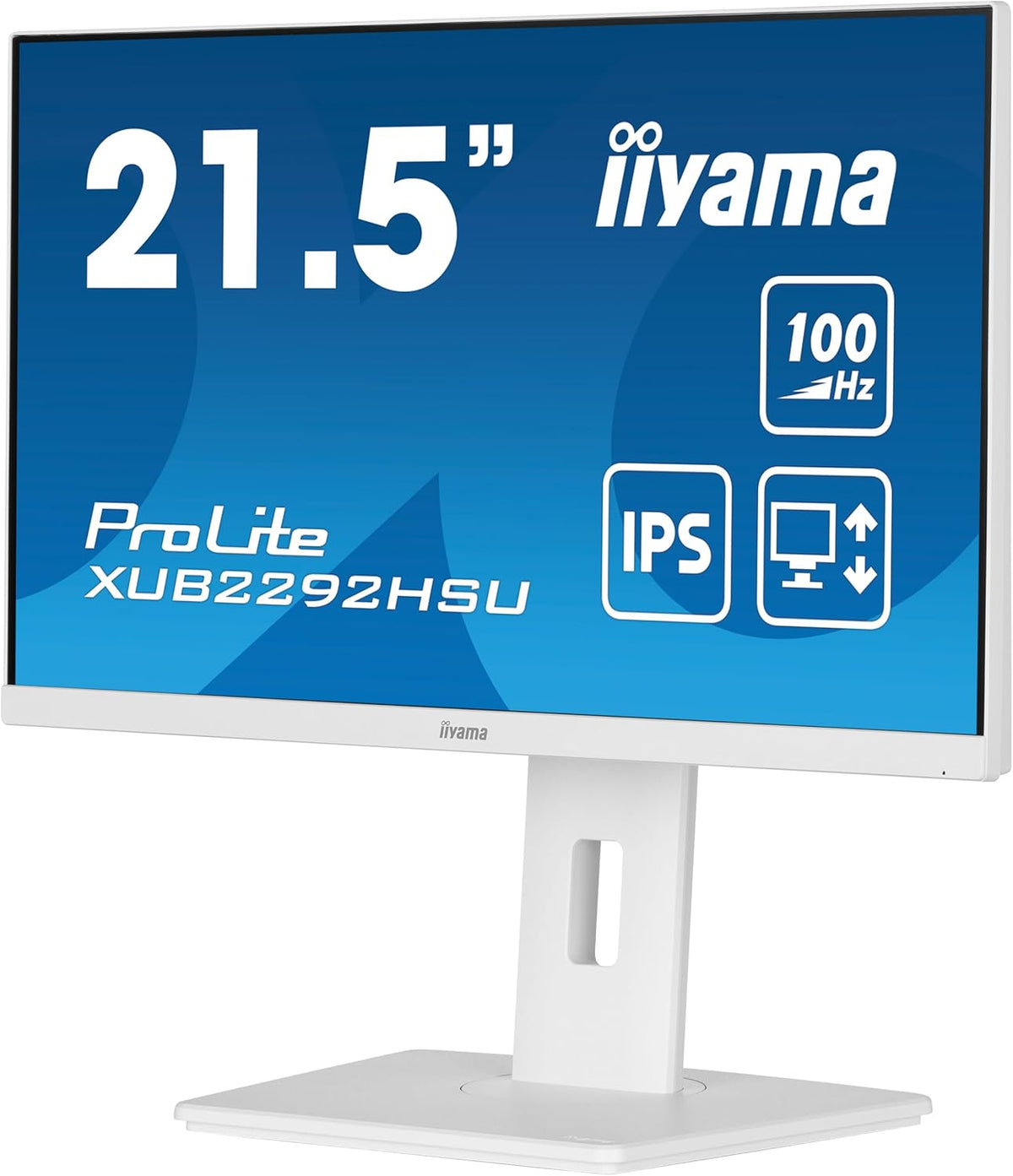 Monitor iiyama XUB2292HSU-W6 Prolite 21,5", Panel IPS, 1920x1080 a 100Hz, 0,4ms, 250 cd/m², 1000:1, Altavoces, HDMI, DP, HUB USB (4x3.2), VESA, Soporte ajustable en altura, i-Style Colour, TCO