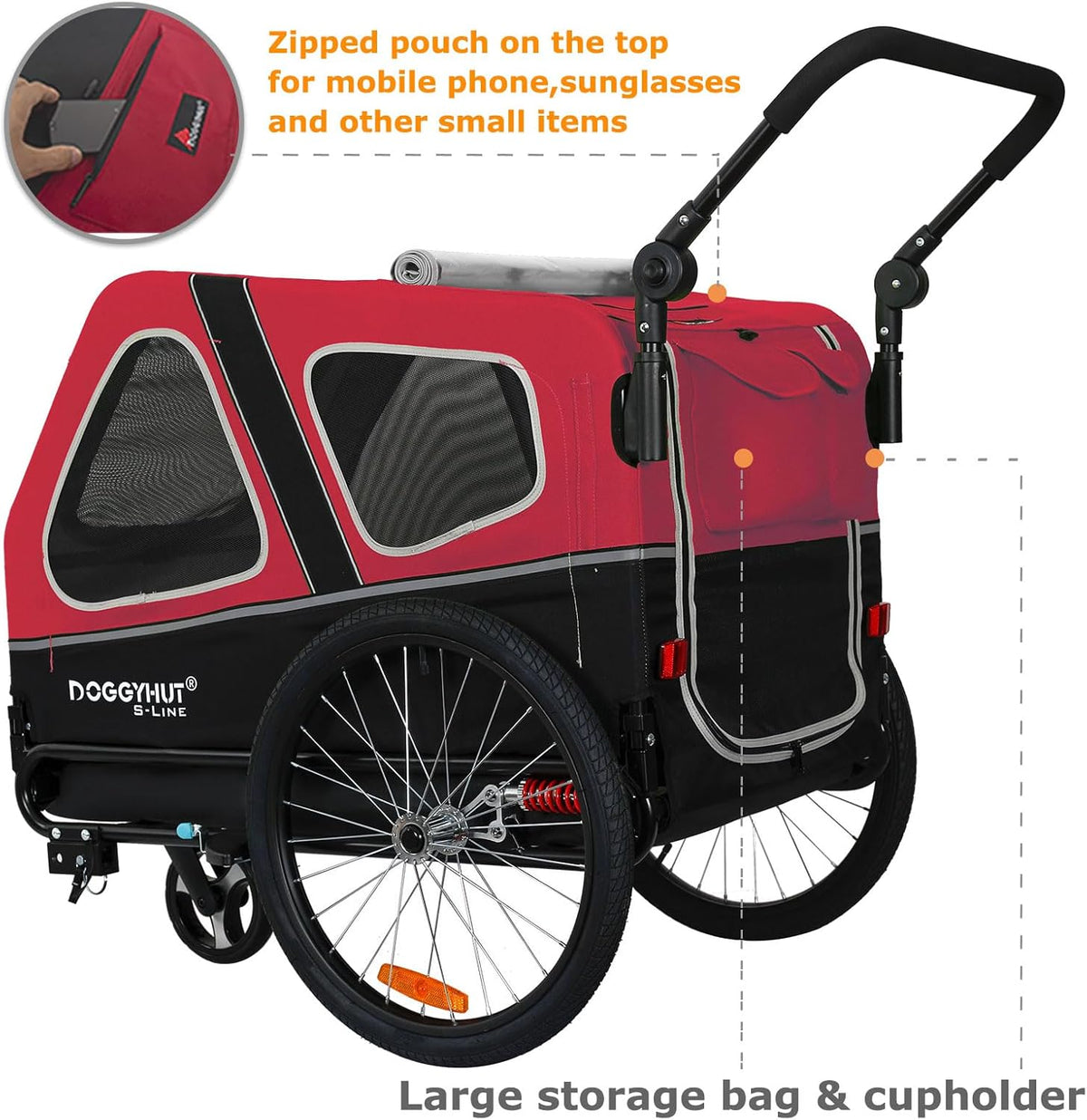 Doggyhut S-Line XL Remolque y cochecito para perros con suspensión 2 en 1, remolque de bicicleta para perros y jogger con suspensión hasta 45 kg