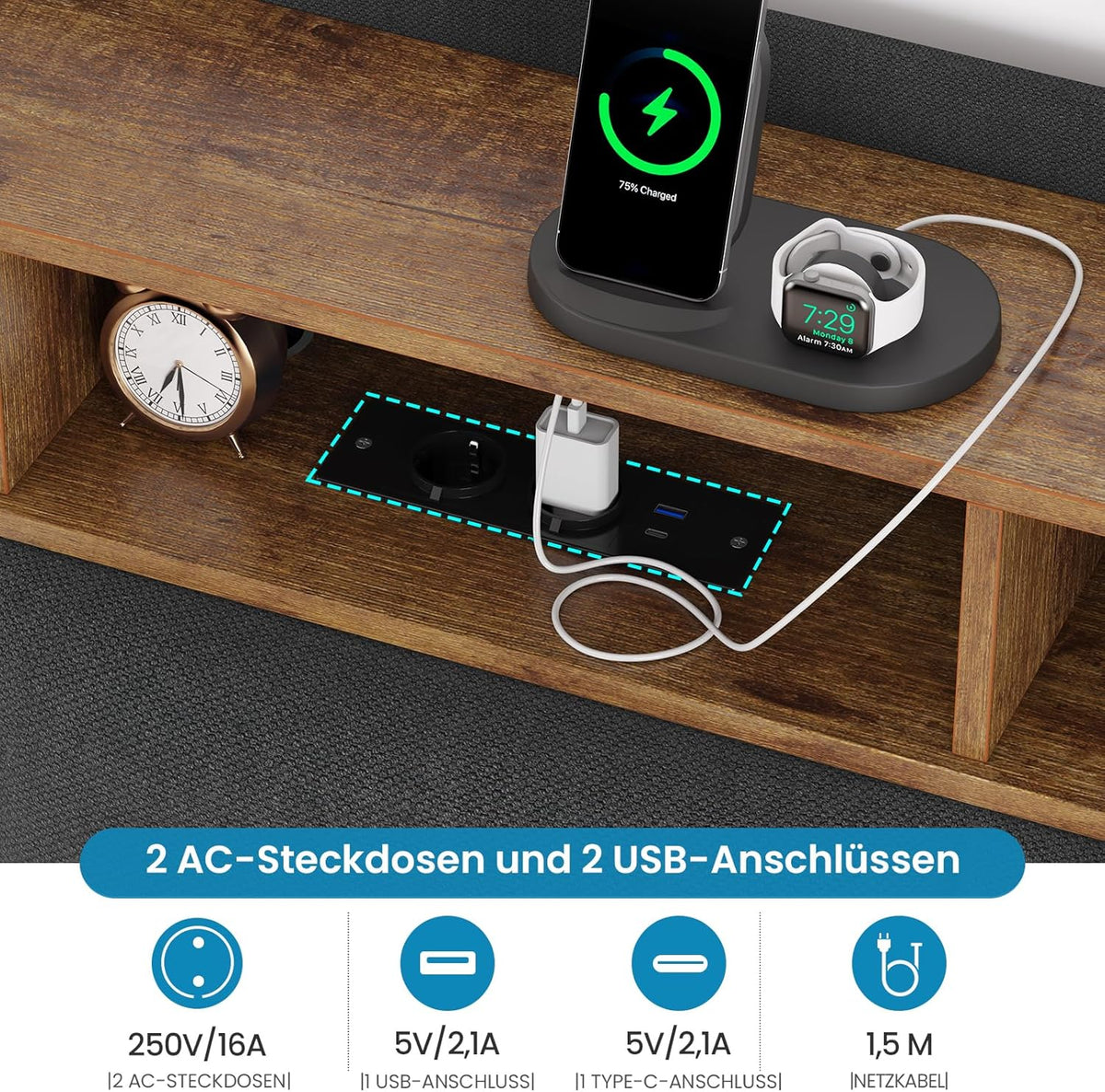 Cama tapizada Brinlawb 90x200 cm, cama flotante con iluminación LED y estación de carga (2 tomas de CA, 1 puerto USB-A, 1 puerto USB-C), cama juvenil 90x200 con cabecero acolchado, cama 90x200 con espacio de almacenamiento, gris