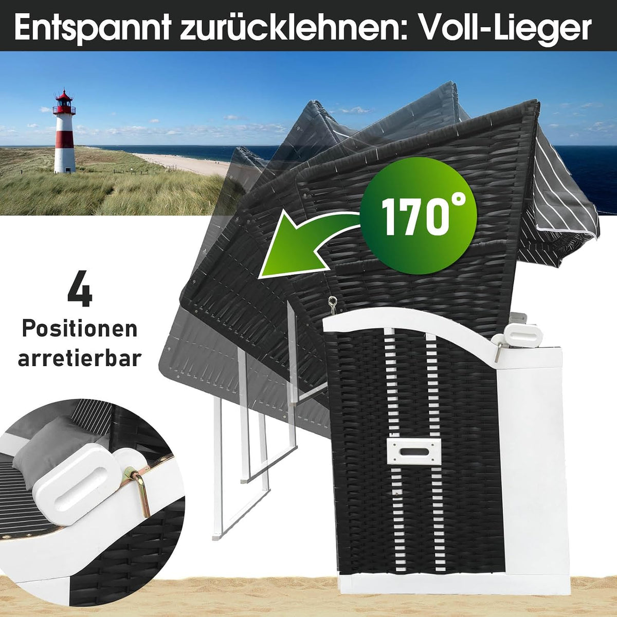 BRAST® Cesta de playa Usedom XXL de 3 plazas para 2-3 personas | 165 cm de ancho | 5 diseños | incluye funda impermeable | respaldo ajustable, cojines para los pies | antracita/gris - a rayas