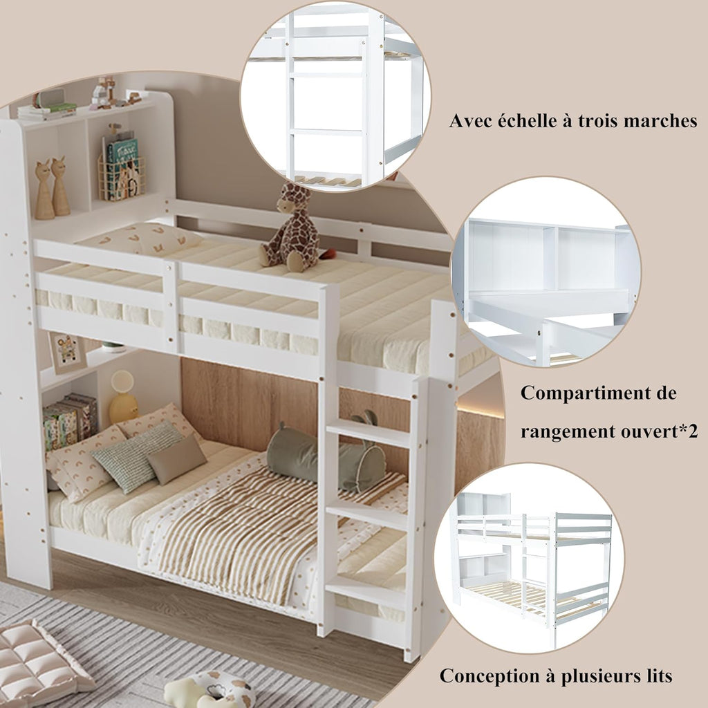 Cama infantil de 90x200 con estantes y escalera, cama funcional litera para 2 niños, litera cama alta juvenil con almacenamiento y somier, cama juvenil con marco de madera maciza, sin colchón, blanca
