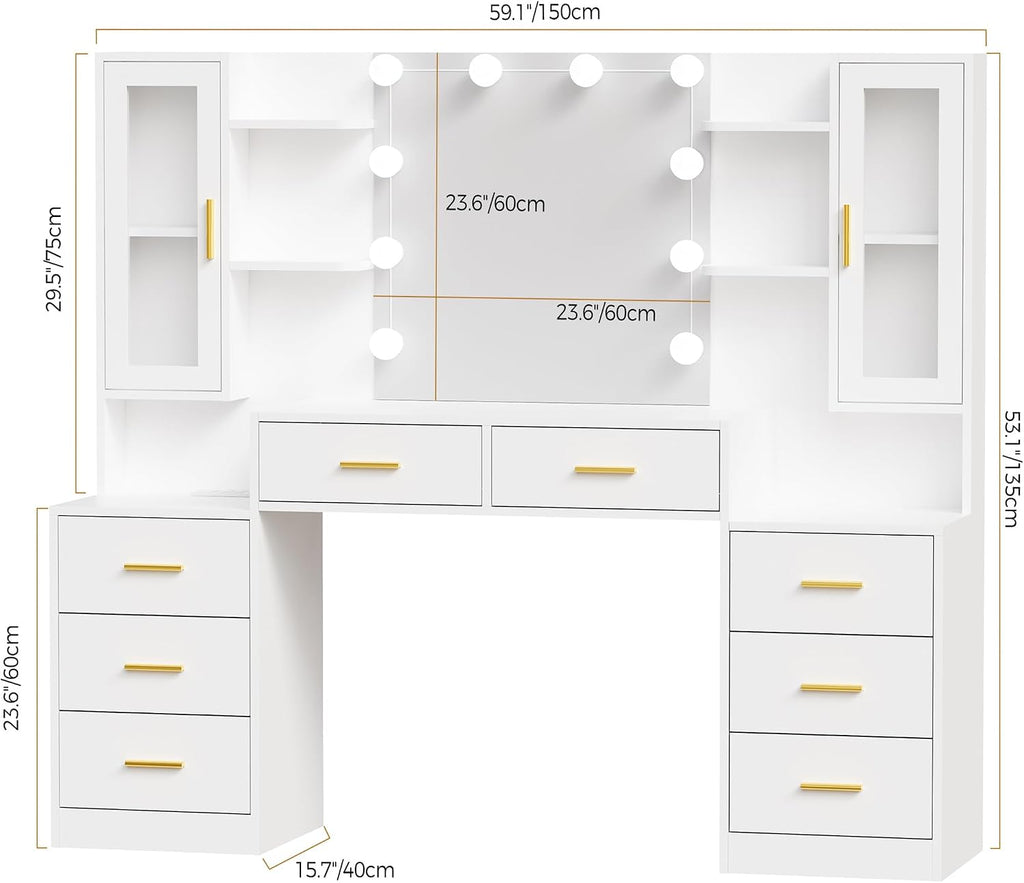 ANWBROAD 150cm Tocador grande con iluminación LED ajustable de 3 colores y enchufes, tocador moderno con espejo, 8 cajones, 6 estantes abiertos, mesa de maquillaje blanco BDT67W