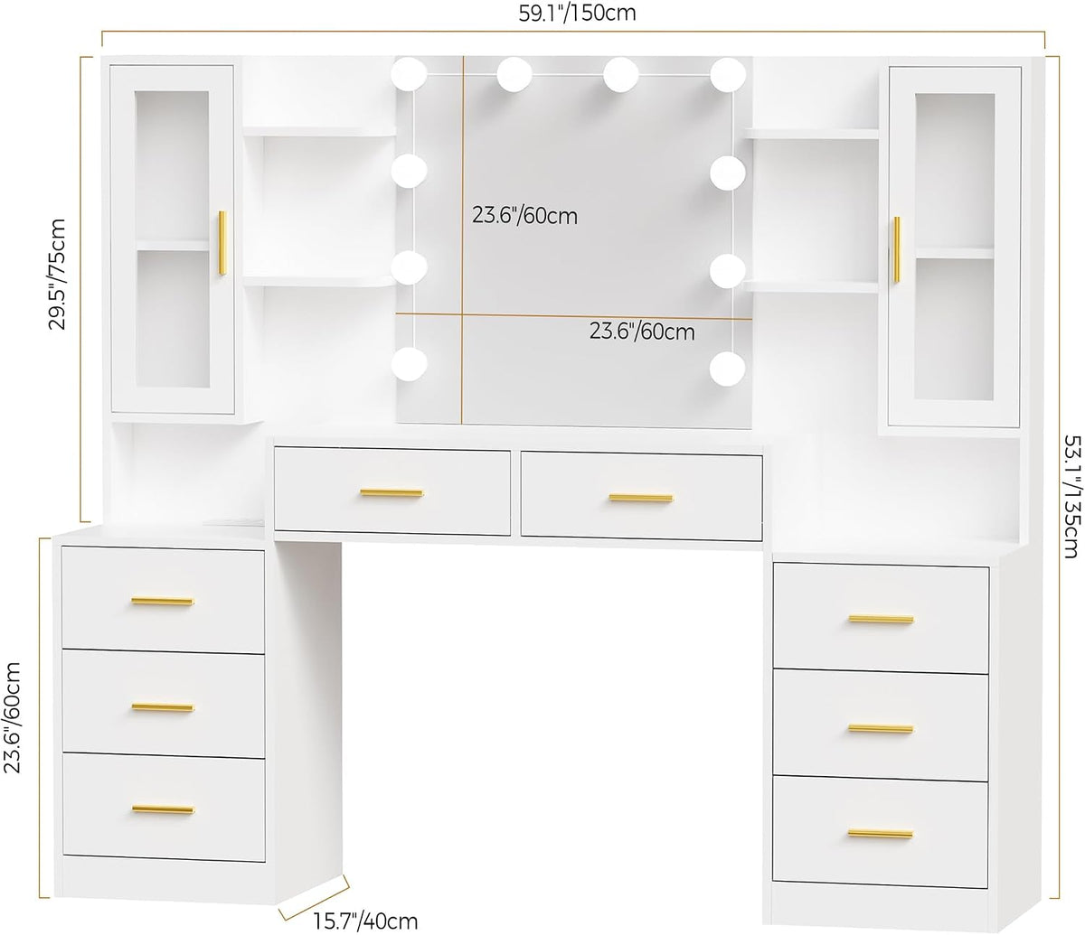 ANWBROAD 150cm Tocador grande con iluminación LED ajustable de 3 colores y enchufes, tocador moderno con espejo, 8 cajones, 6 estantes abiertos, mesa de maquillaje blanco BDT67W