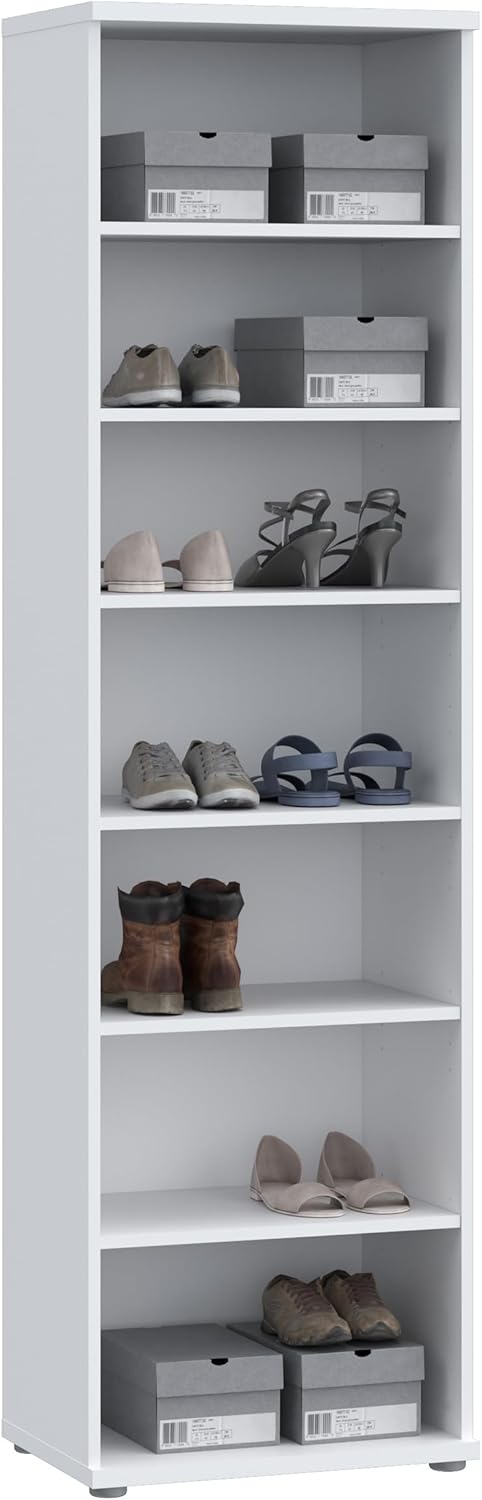 Zapatero Forte NET106 blanco 50, mueble de recibidor estrecho con 6 estantes y frente de espejo, pasillo, recibidor, madera, blanco, 50,2 cm de ancho x 179,1 cm de alto x 34,8 cm de profundidad