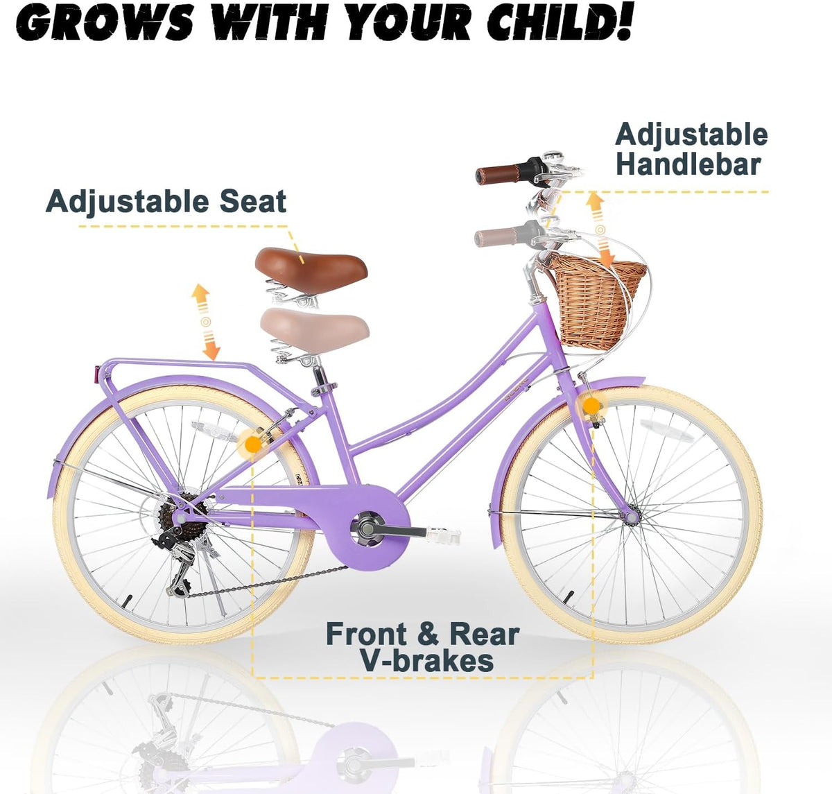 Glerc Missy 20, 24, 26 pulgadas bicicleta híbrida urbana tipo crucero para niñas, de 6 velocidades, con cesta de mimbre, para jóvenes mayores de 6 años, varios colores