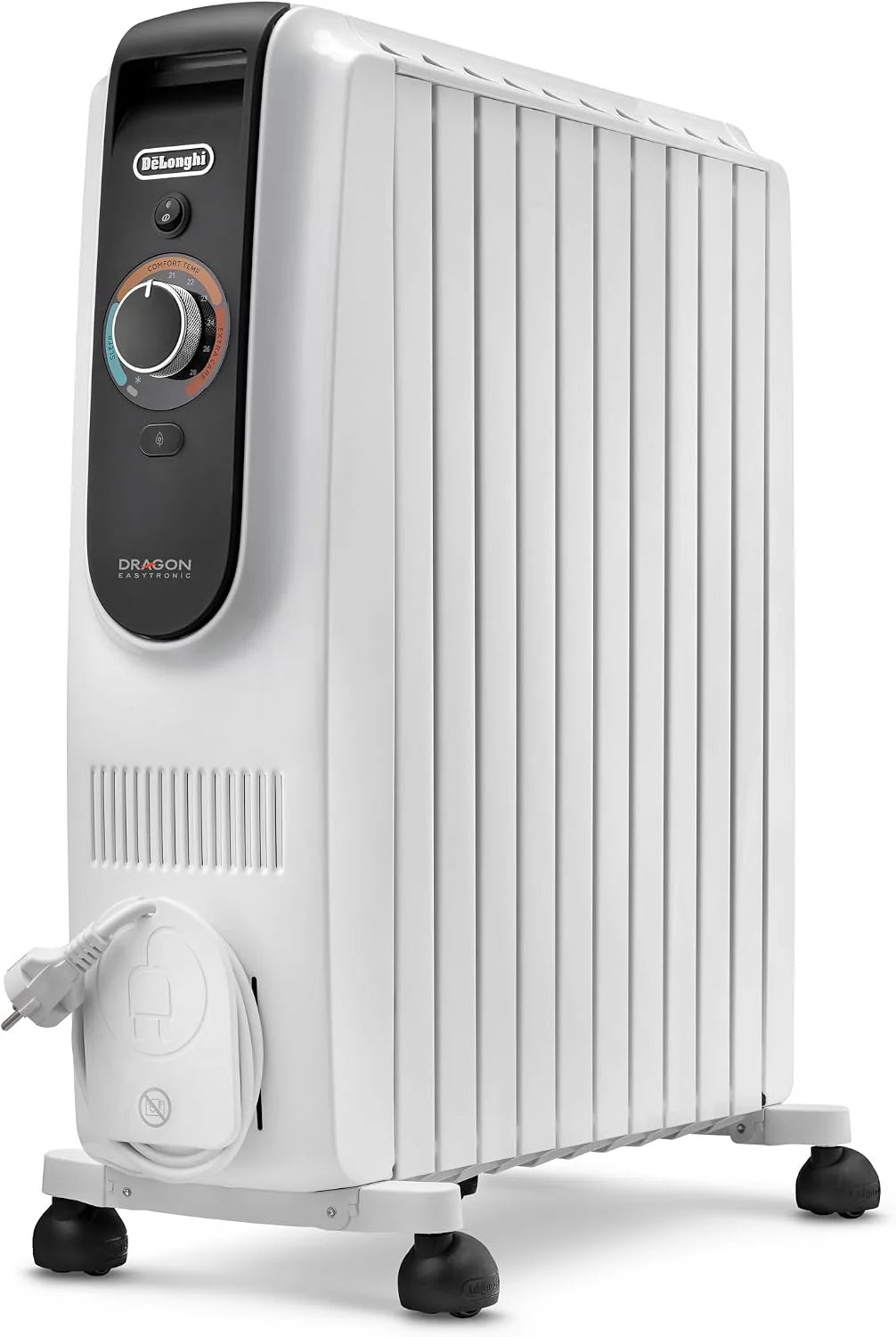 De'Longhi Dragon EasyTronic – grzejnik olejowy do pomieszczeń do 75 m³, ogrzewanie elektryczne z termostatem bezpieczeństwa, 10 żeber, indywidualne ogrzewanie – 12 poziomów temperatury, przenośny