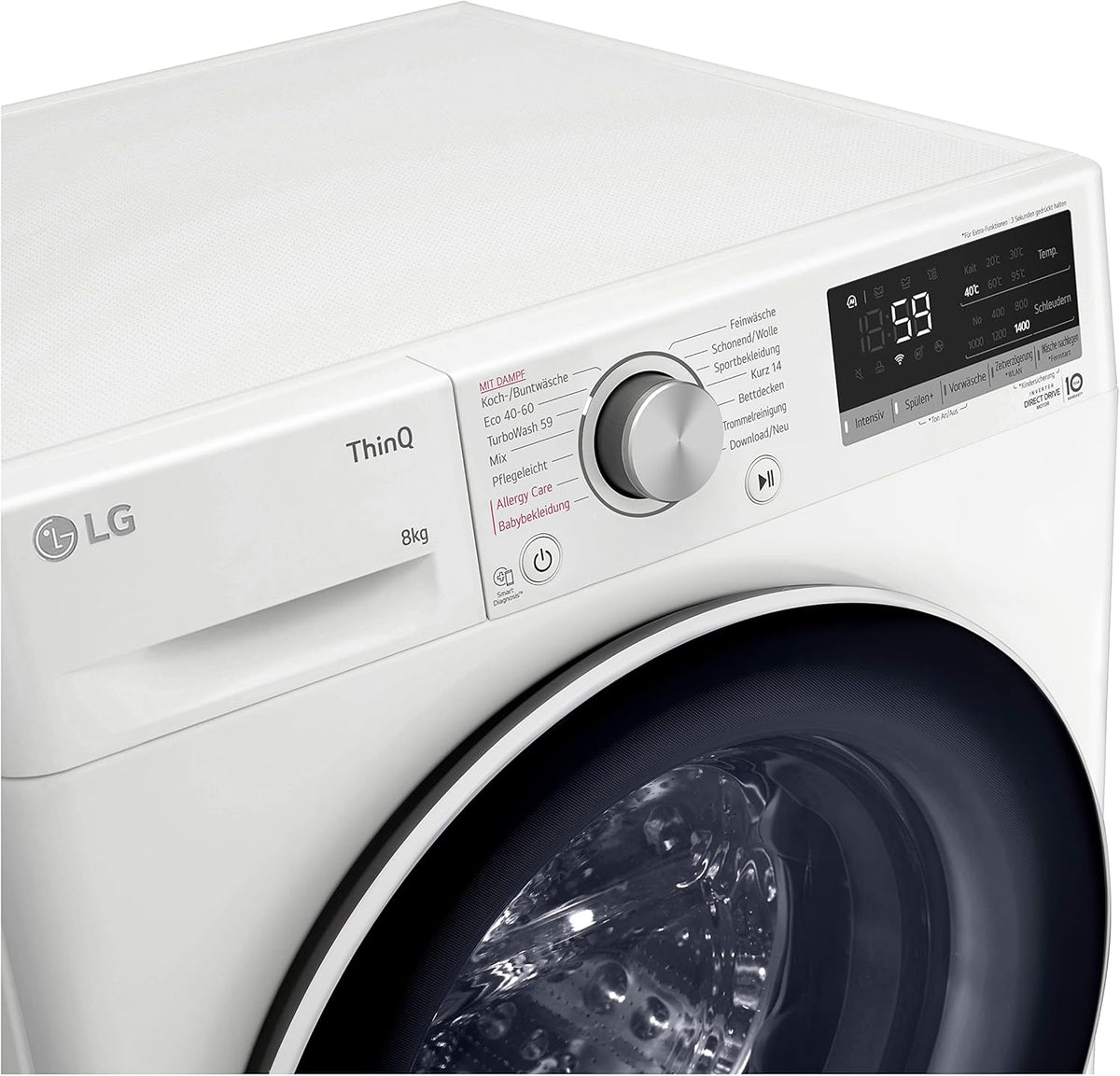 LG F4WV7080, Clase A, lavadora de carga frontal 8 kg, 1400 rpm, AI Direct Drive, Wi-Fi, limpieza profunda con vapor, gran capacidad, TRIPLE A, puerta exterior de cristal templado, 62 x 60 x 85 cm, blanco