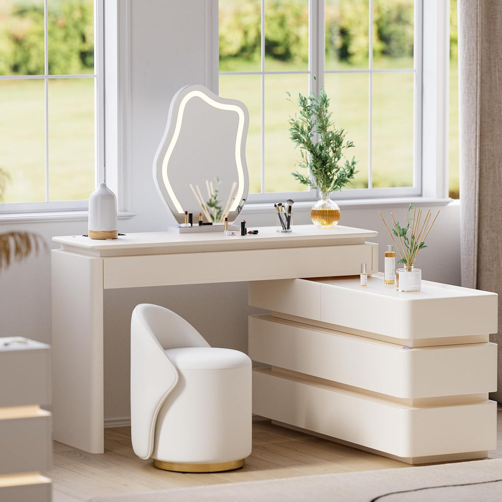 Tocador Homary con iluminación, tocador moderno con diseño extensible, iluminación LED regulable y estación de carga integrada para sus herramientas de belleza